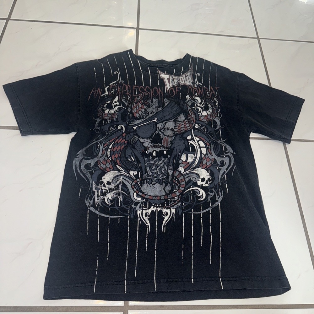 Y2k Vintage Tapout Mens S Black T-Shirt Snake Skull Skeleton Combat Gory Faded